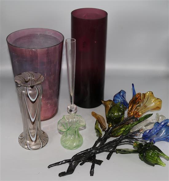 Glass flowers and 5 various glass vases